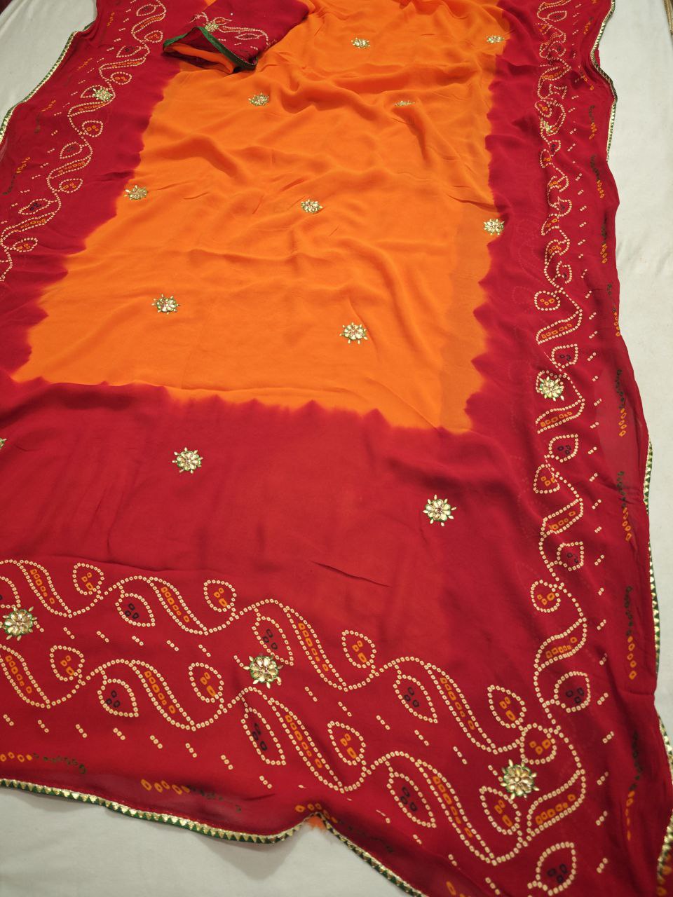 Kanha Sarees Pure Georgette Piliya Bandhani Kundan Saree