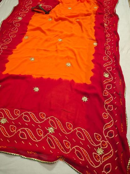 Kanha Sarees Pure Georgette Piliya Bandhani Kundan Saree
