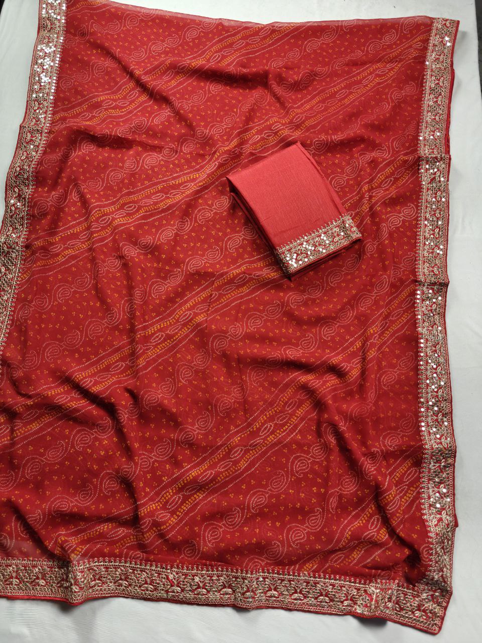 KSDS Red Bandhej Saree with Sequin Border | Banglori Silk Blouse
