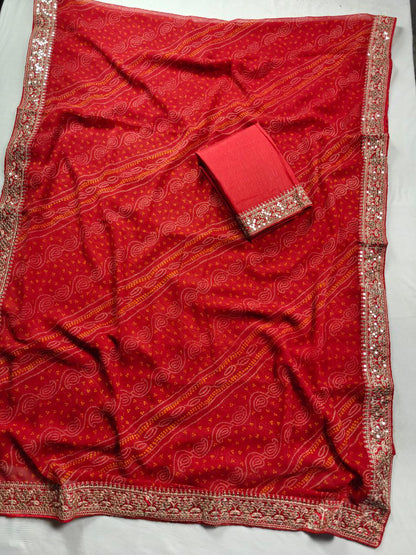 KSDS Red Bandhej Saree with Sequin Border | Banglori Silk Blouse
