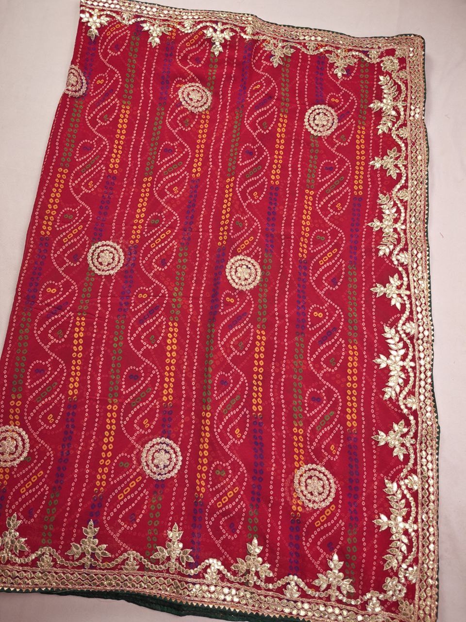 KSDS Georgette Bandhani Gotapatti Saree with Red Running Blouse