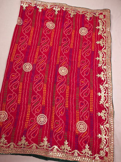KSDS Georgette Bandhani Gotapatti Saree with Red Running Blouse