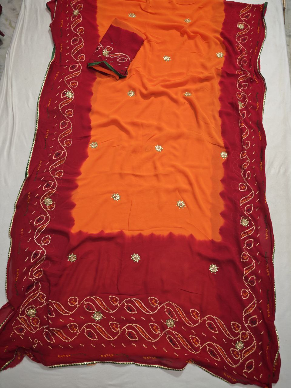 Kanha Sarees Pure Georgette Piliya Bandhani Kundan Saree