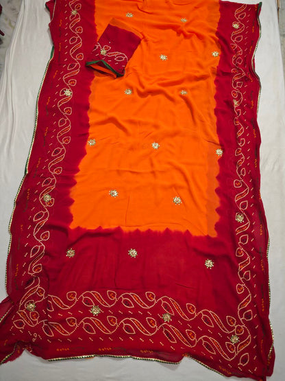 Kanha Sarees Pure Georgette Piliya Bandhani Kundan Saree