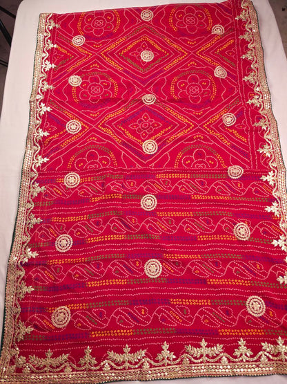 KSDS Georgette Bandhani Gotapatti Saree with Red Running Blouse