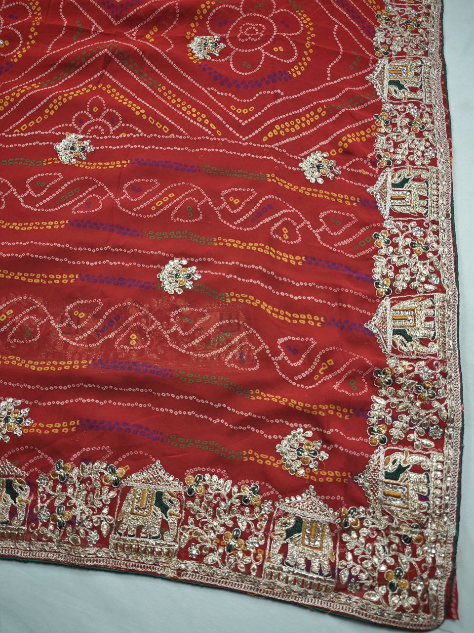 Elephant Work Bandhani Saree Closeup