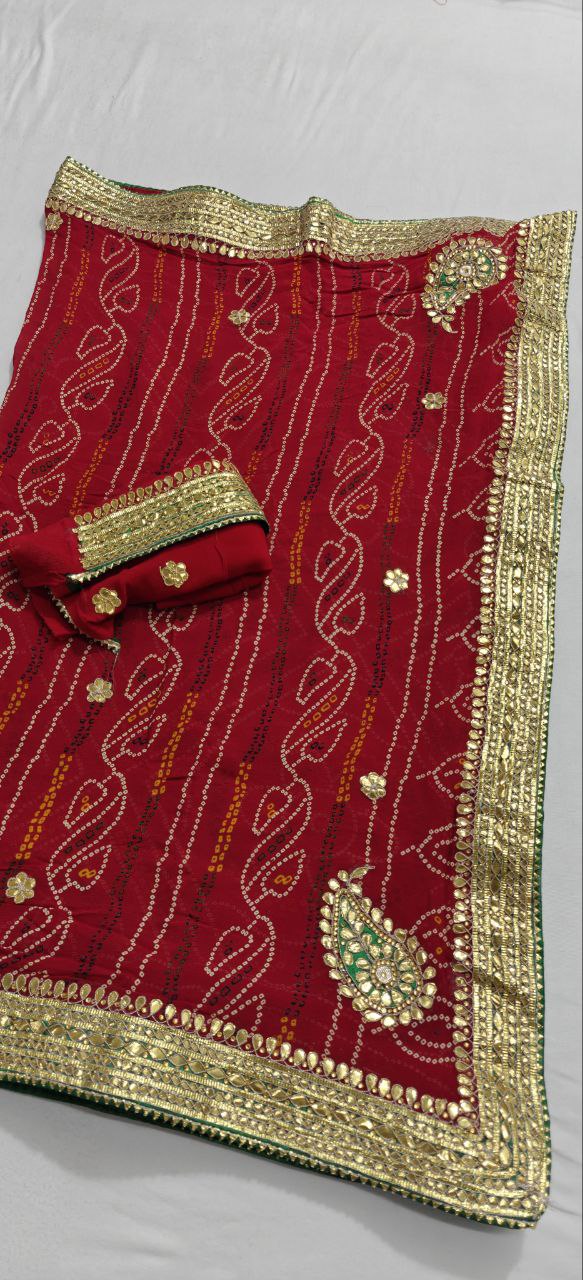 Pure Georgette Bandhani Gota Patti Chunri Handwork Saree - Kanhasarees by ksds
