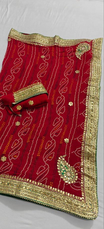 Pure Georgette Bandhani Gota Patti Chunri Handwork Saree - Kanhasarees by ksds
