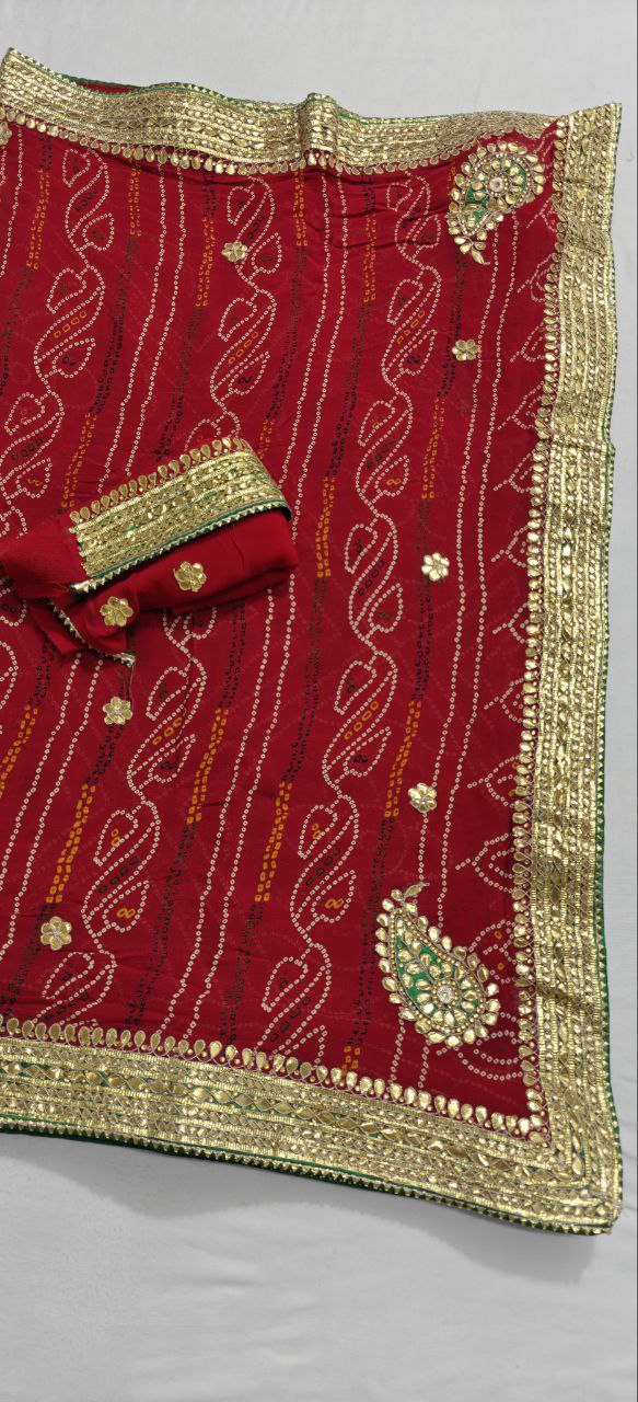 Pure Georgette Bandhani Gota Patti Chunri Handwork Saree - Kanhasarees by ksds