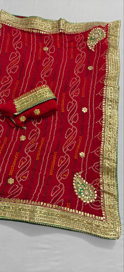 Pure Georgette Bandhani Gota Patti Chunri Handwork Saree - Kanhasarees by ksds