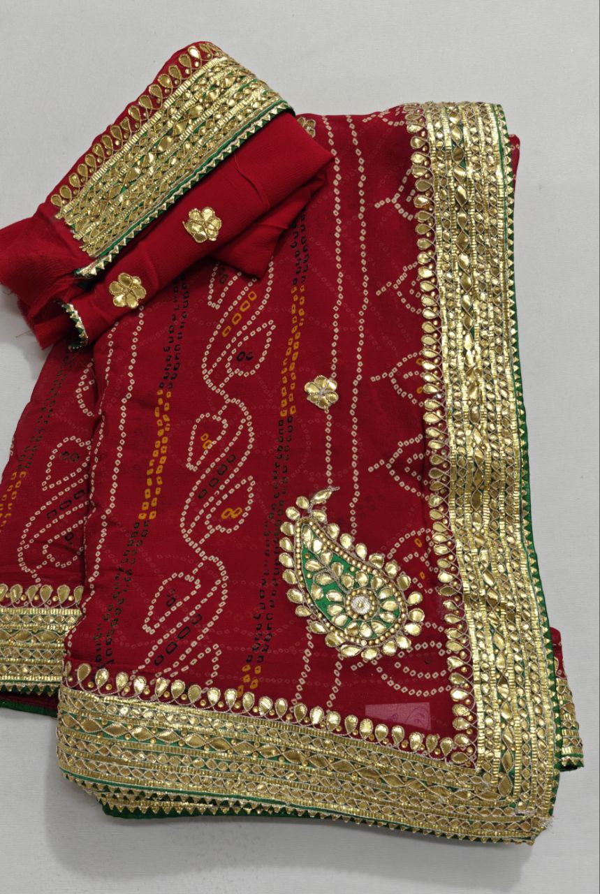 Pure Georgette Bandhani Gota Patti Chunri Handwork Saree - Kanhasarees by ksds