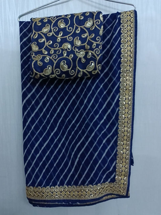 Blue Laheriya Georgette Saree with Heavy Designer Blouse, Sequence Border, Traditional Look