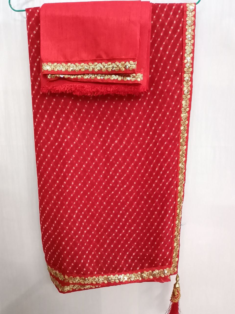 Red Georgette Mothra Saree with Sequence Border, Plain Blouse with Sequence Detailing