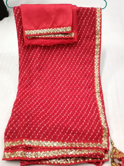 Red Georgette Mothra Saree with Sequence Border, Plain Blouse with Sequence Detailing