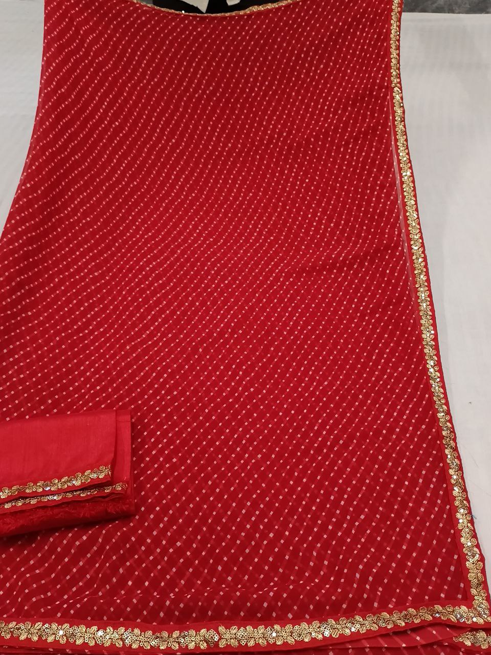 Red Georgette Mothra Saree with Sequence Border, Plain Blouse with Sequence Detailing