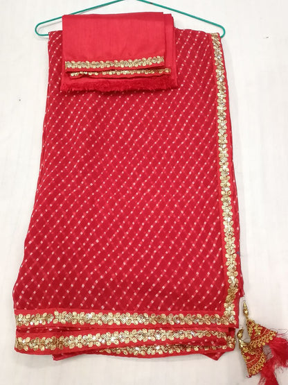 Red Georgette Mothra Saree with Sequence Border, Plain Blouse with Sequence Detailing