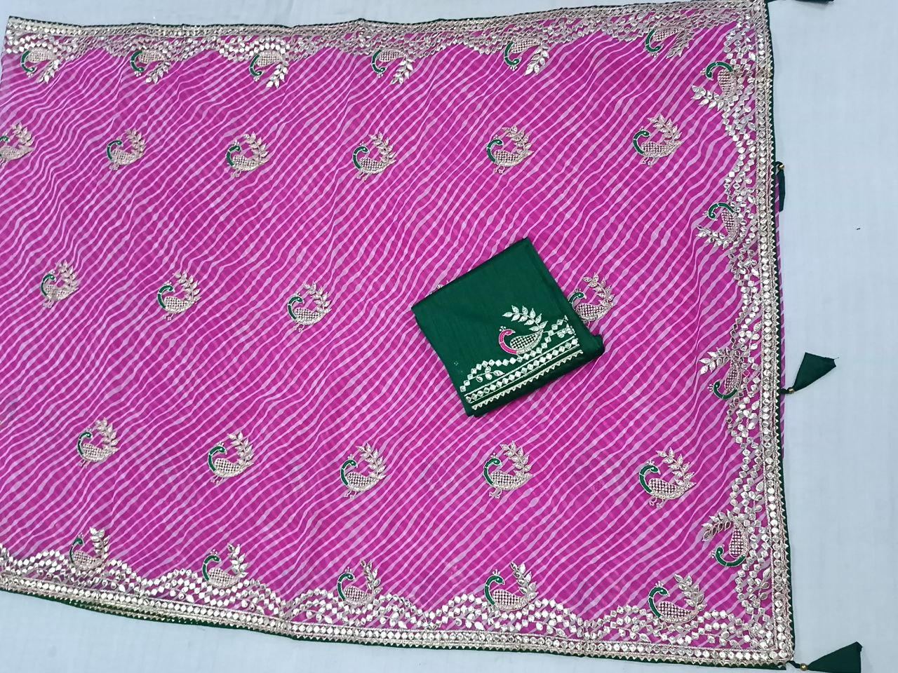 Pink Laheriya Saree with Gota Patti Work, Contrast Blouse, Peacock Gota Patti Design