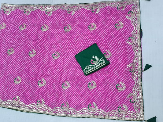 Pink Laheriya Saree with Gota Patti Work, Contrast Blouse, Peacock Gota Patti Design - Kanhasarees by ksds