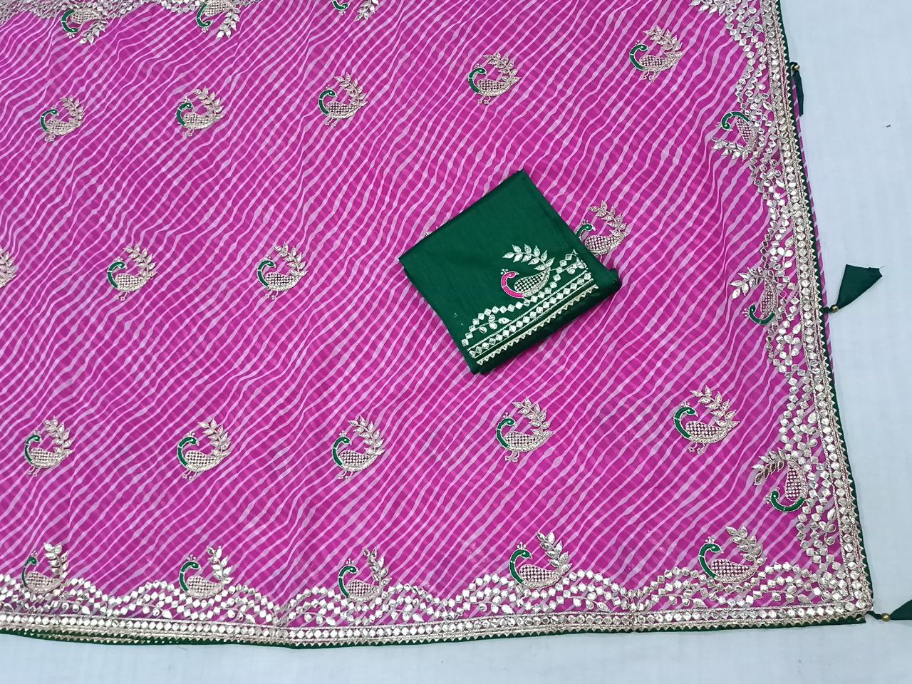 Pink Laheriya Saree with Gota Patti Work, Contrast Blouse, Peacock Gota Patti Design