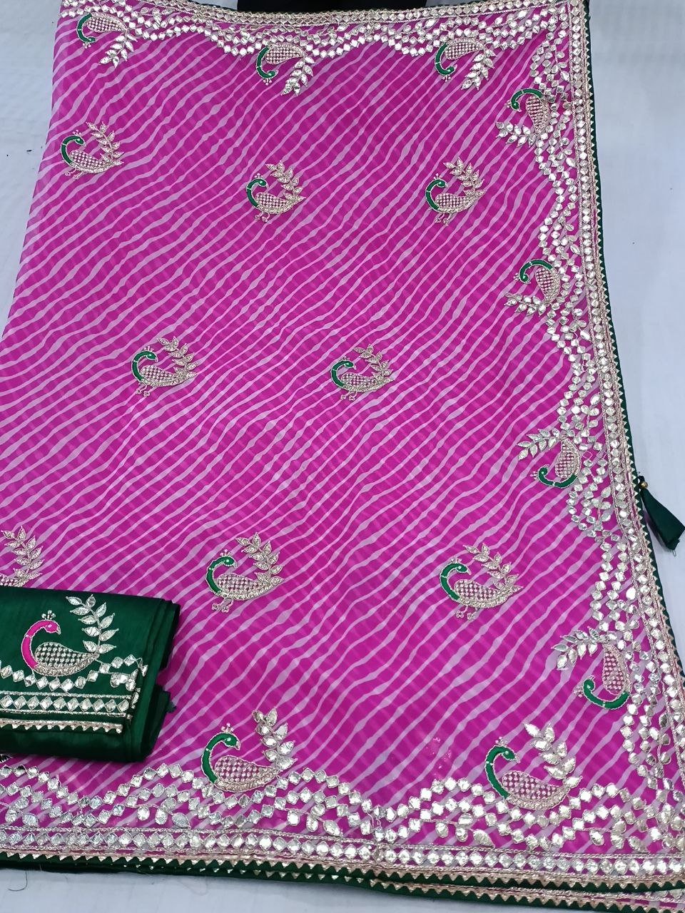 Pink Laheriya Saree with Gota Patti Work, Contrast Blouse, Peacock Gota Patti Design