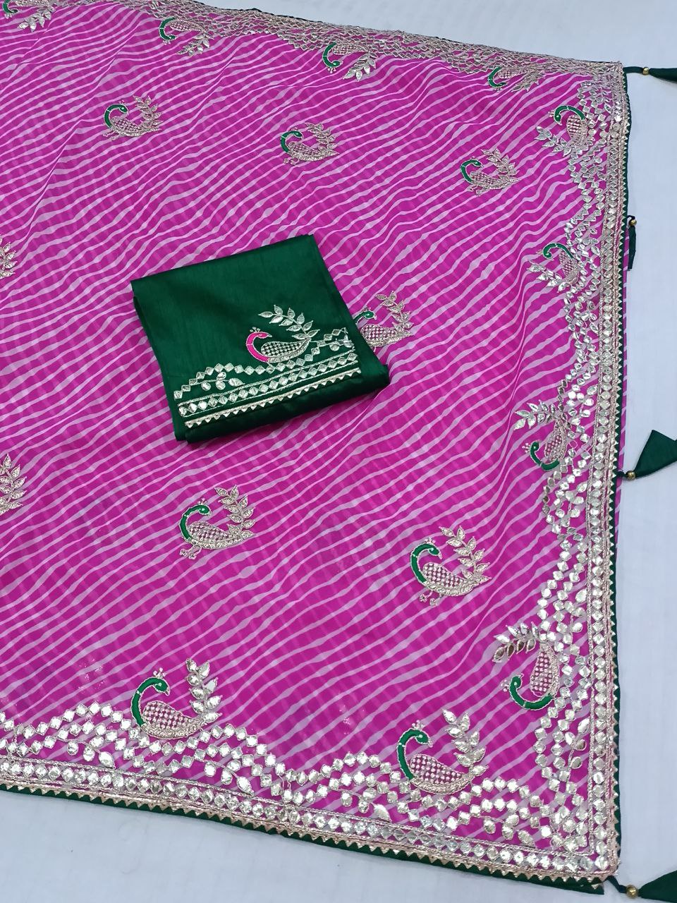 Pink Laheriya Saree with Gota Patti Work, Contrast Blouse, Peacock Gota Patti Design