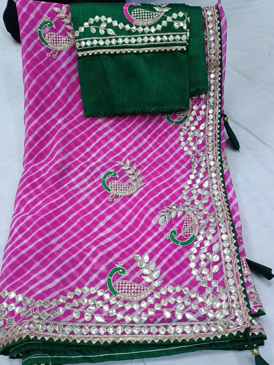 Pink Laheriya Saree with Gota Patti Work, Contrast Blouse, Peacock Gota Patti Design