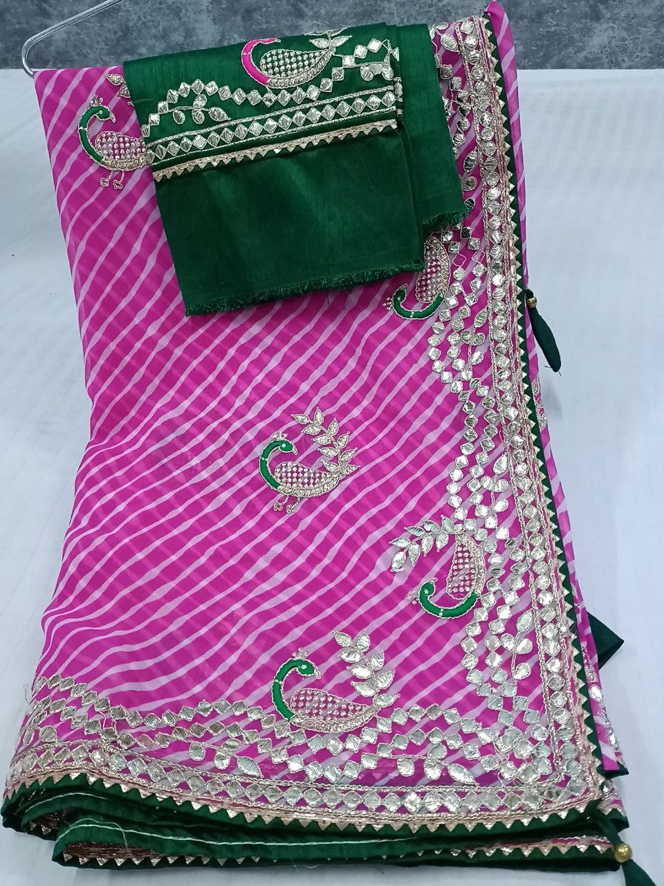 Pink Laheriya Saree with Gota Patti Work, Contrast Blouse, Peacock Gota Patti Design