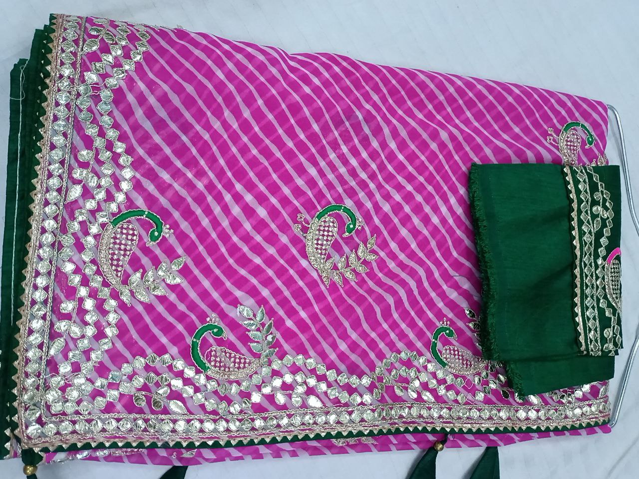 Pink Laheriya Saree with Gota Patti Work, Contrast Blouse, Peacock Gota Patti Design