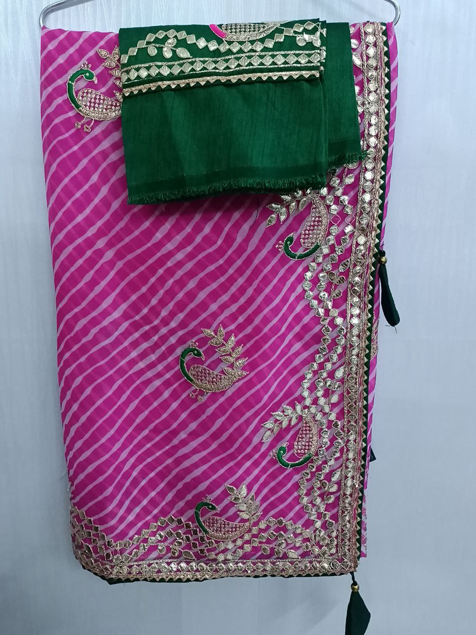 Pink Laheriya Saree with Gota Patti Work, Contrast Blouse, Peacock Gota Patti Design