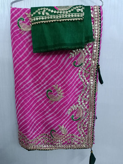 Pink Laheriya Saree with Gota Patti Work, Contrast Blouse, Peacock Gota Patti Design