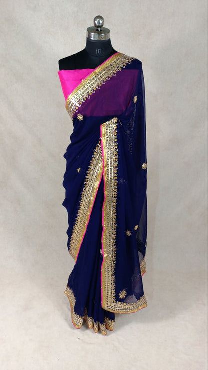 Pure Georgette Saree with Gotapatti Handwork & Contrast Silk Blouse – Festive & Wedding Ready