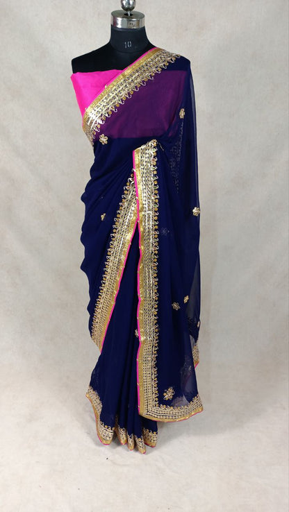 Pure Georgette Saree with Gotapatti Handwork & Contrast Silk Blouse – Festive & Wedding Ready