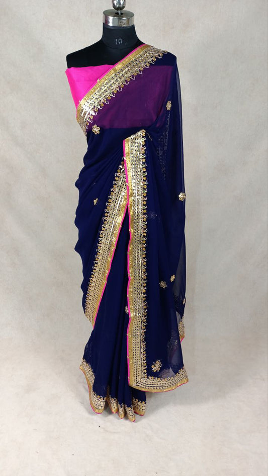 Pure Georgette Saree with Gotapatti Handwork & Contrast Silk Blouse – Festive & Wedding Ready - Kanhasarees by ksds