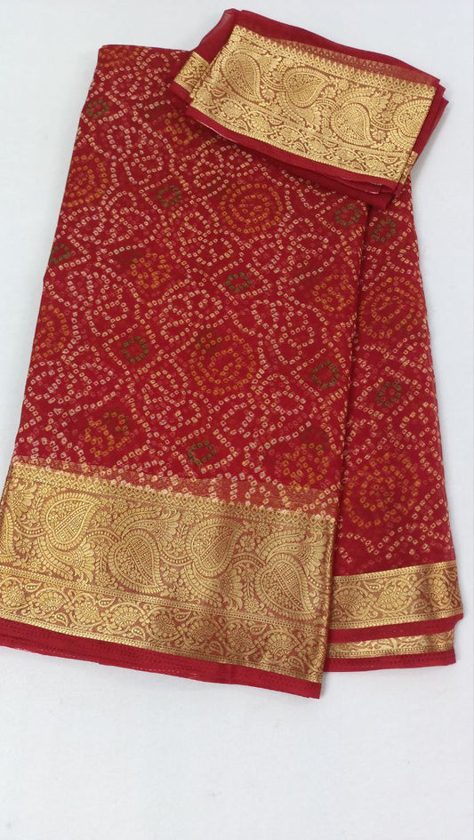 Semi Chiffon Bandhani Saree with Banarasi Border – Traditional & Elegant Indian Ethnic Wear