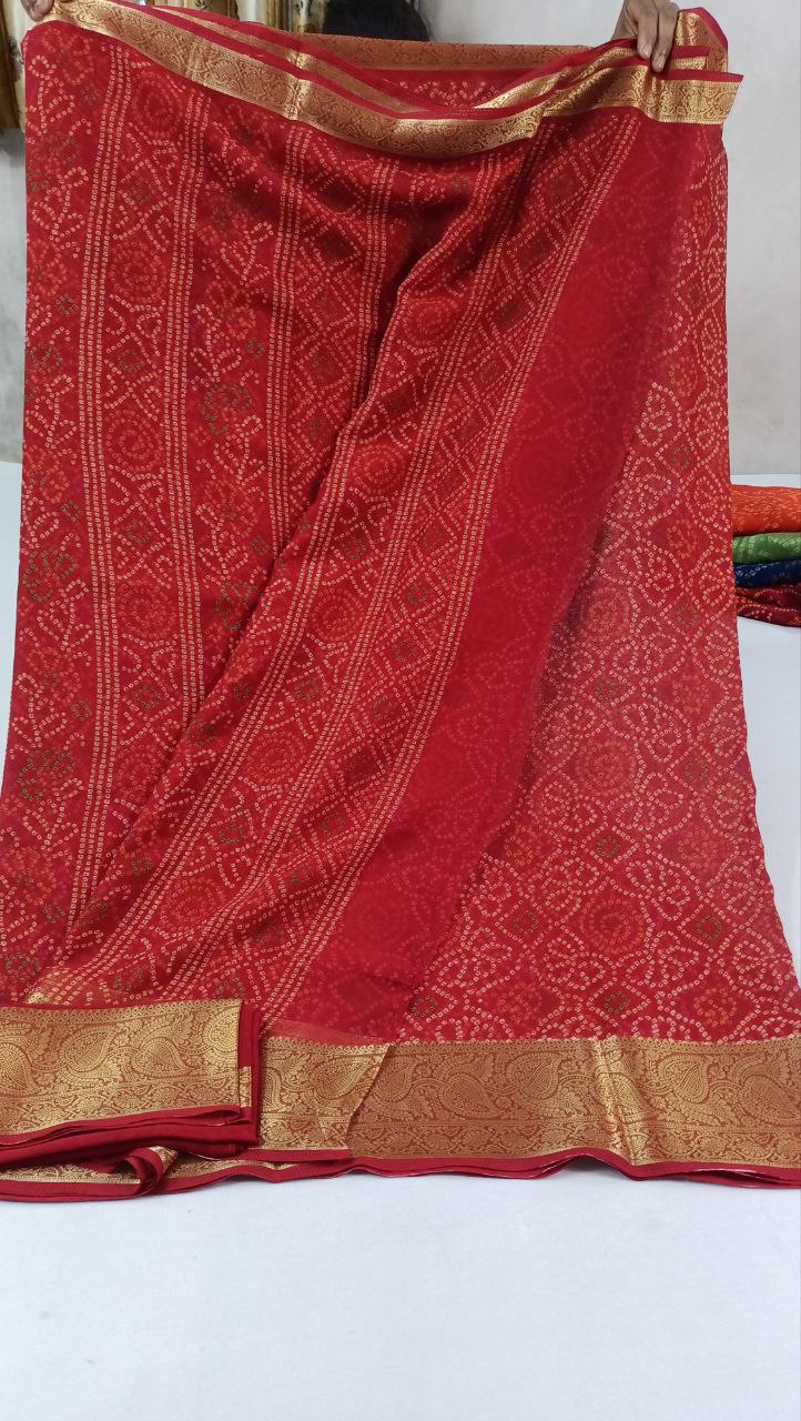 Semi Chiffon Bandhani Saree with Banarasi Border – Traditional & Elegant Indian Ethnic Wear