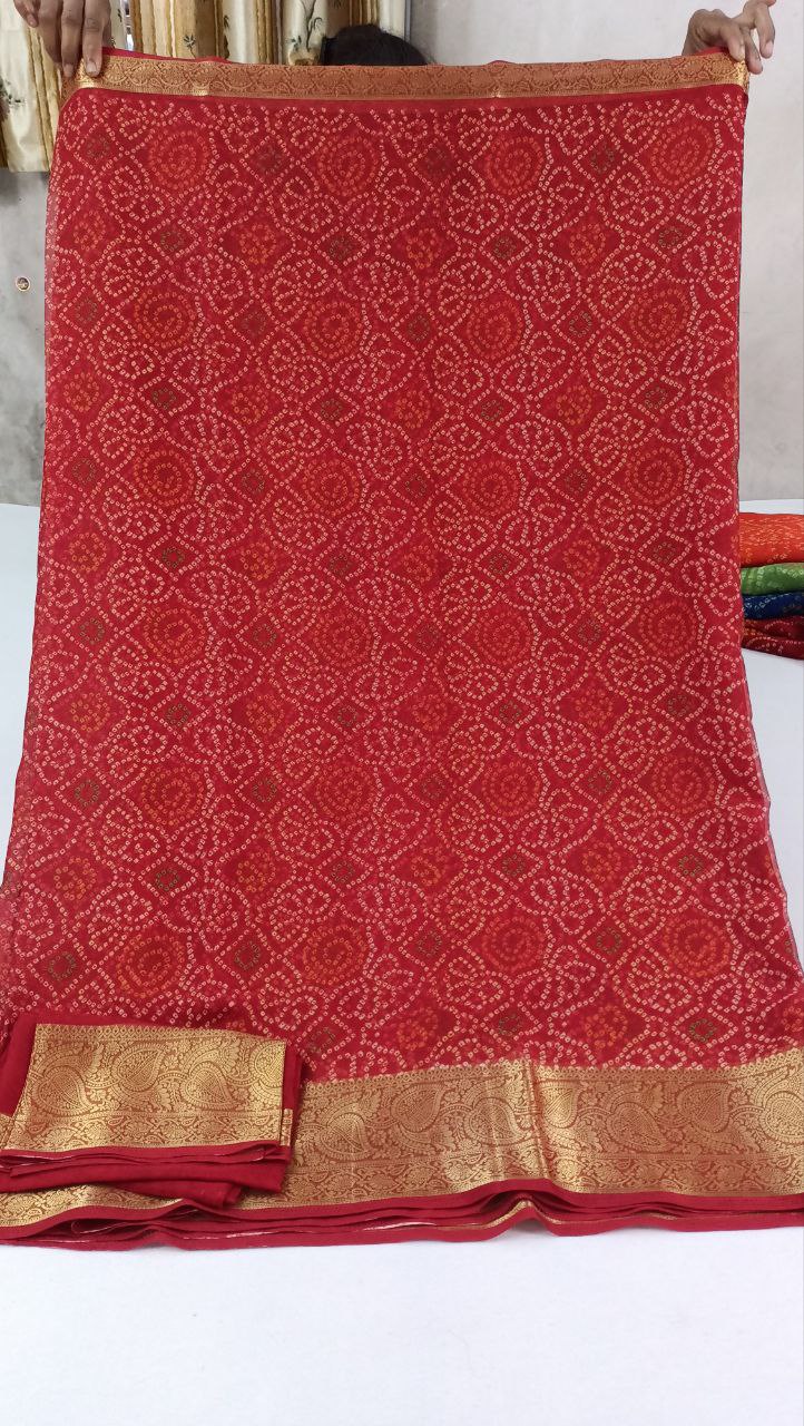 Semi Chiffon Bandhani Saree with Banarasi Border – Traditional & Elegant Indian Ethnic Wear