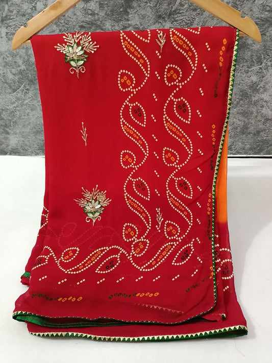 Jaipuri Pila Chunri Saree with Exquisite Handwork - Traditional Indian Ethnic Wear