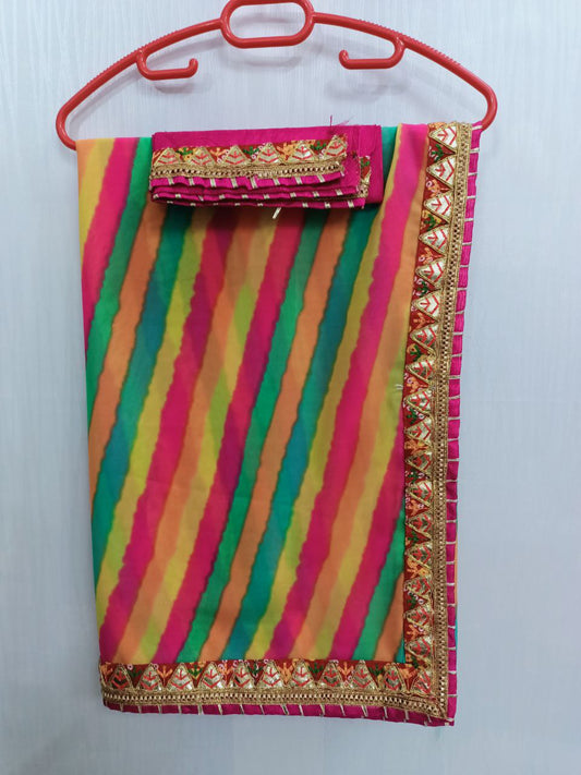 Multi-Color Georgette Leheriya Saree with Rani Color Dupion Silk Blouse - Kanhasarees by ksds