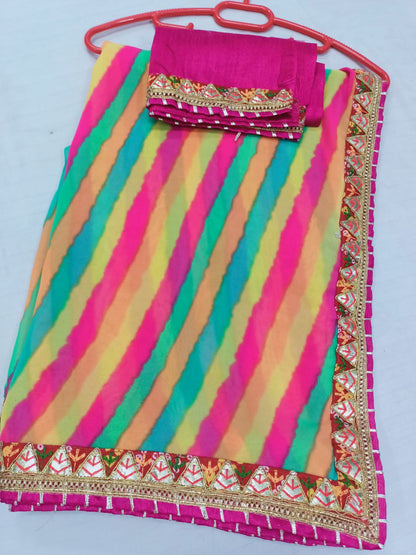 Multi-Color Georgette Leheriya Saree with Rani Color Dupion Silk Blouse