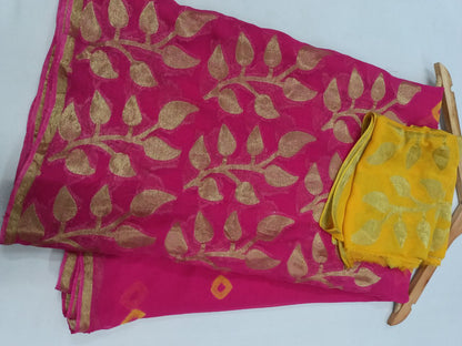 Pure Georgette Banarasi Weaving Saree with Bandhani & Contrast Yellow Blouse