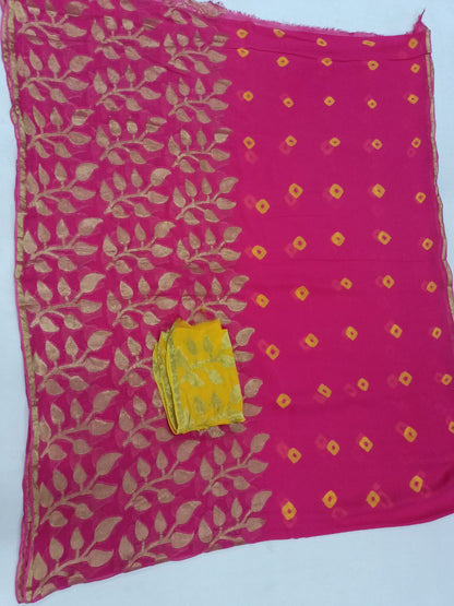 Pure Georgette Banarasi Weaving Saree with Bandhani & Contrast Yellow Blouse