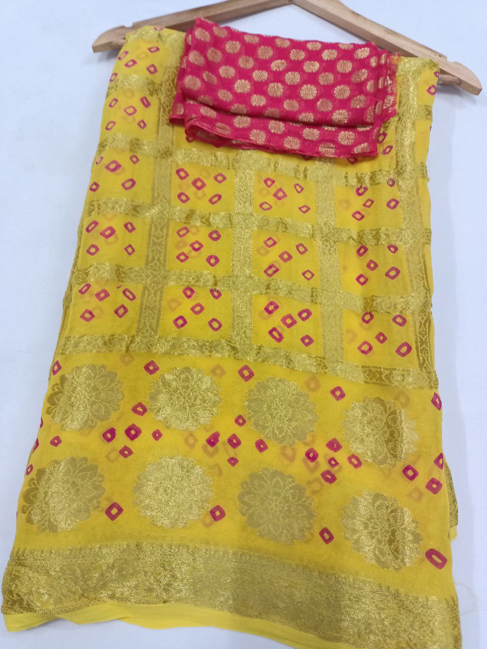 Pure Georgette Ghatchola Saree with Hand-Dyed Bandhani & Contrast Yellow Zari Buti Blouse