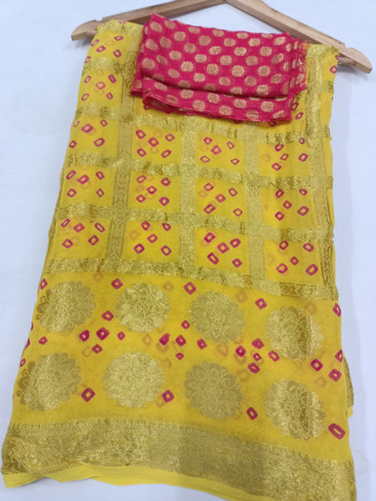 Pure Georgette Ghatchola Saree with Hand-Dyed Bandhani & Contrast Yellow Zari Buti Blouse