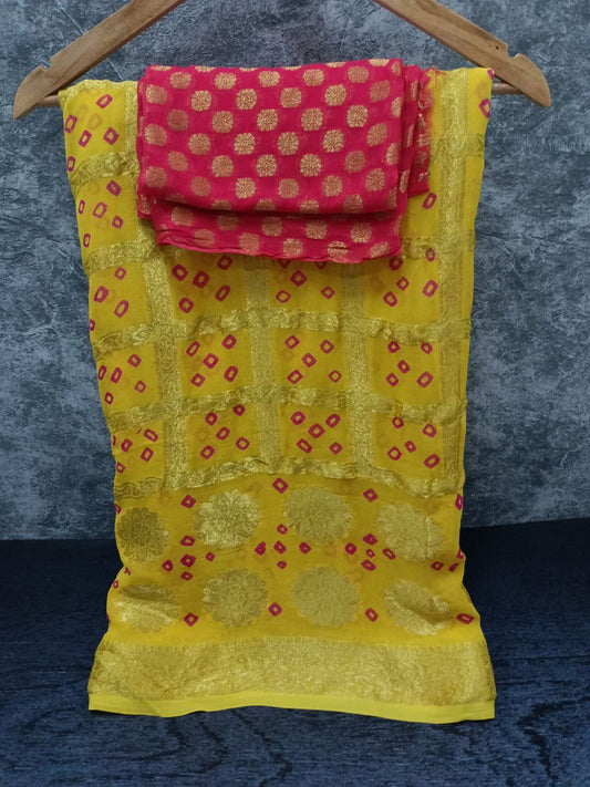 Pure Georgette Ghatchola Saree with Hand-Dyed Bandhani & Contrast Yellow Zari Buti Blouse