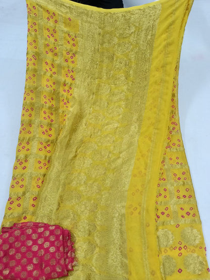 Pure Georgette Ghatchola Saree with Hand-Dyed Bandhani & Contrast Yellow Zari Buti Blouse