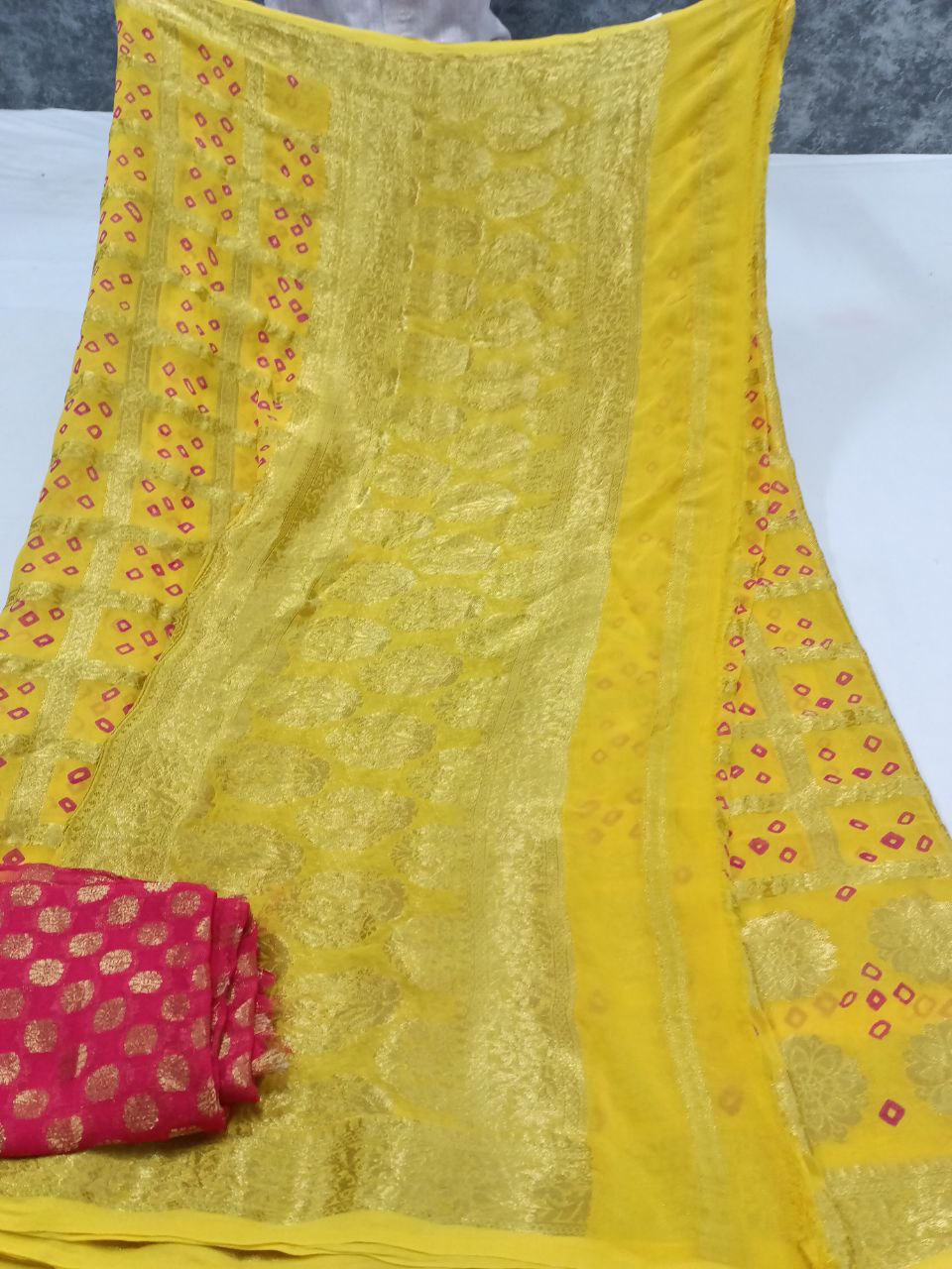 Pure Georgette Ghatchola Saree with Hand-Dyed Bandhani & Contrast Yellow Zari Buti Blouse