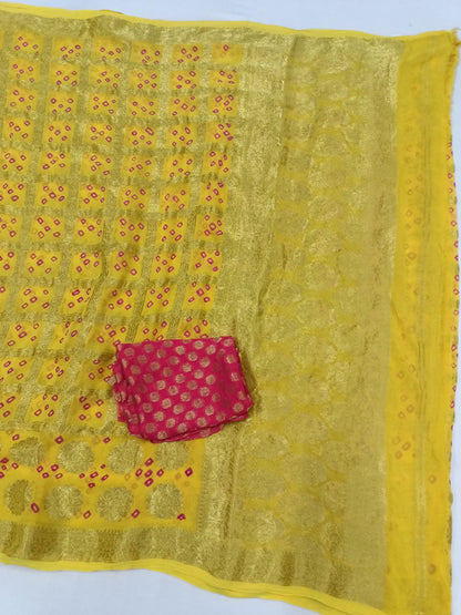 Pure Georgette Ghatchola Saree with Hand-Dyed Bandhani & Contrast Yellow Zari Buti Blouse