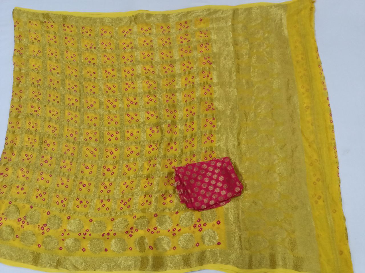 Pure Georgette Ghatchola Saree with Hand-Dyed Bandhani & Contrast Yellow Zari Buti Blouse