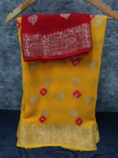 Georgette Zari Buti Saree with Hand-Dyed Bandhani & Contrast Red Zari Buti Blouse