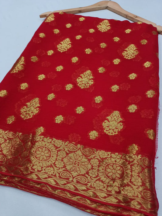 Pure Diamond Chiffon Saree with Full Zari Weaving, Banarasi Border & Heavy Pallu